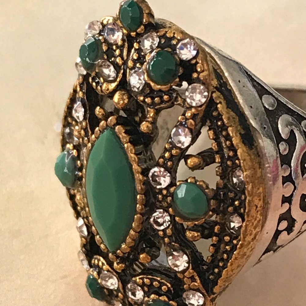 Women's Green & Gold & Silver Plated Chunky Ring